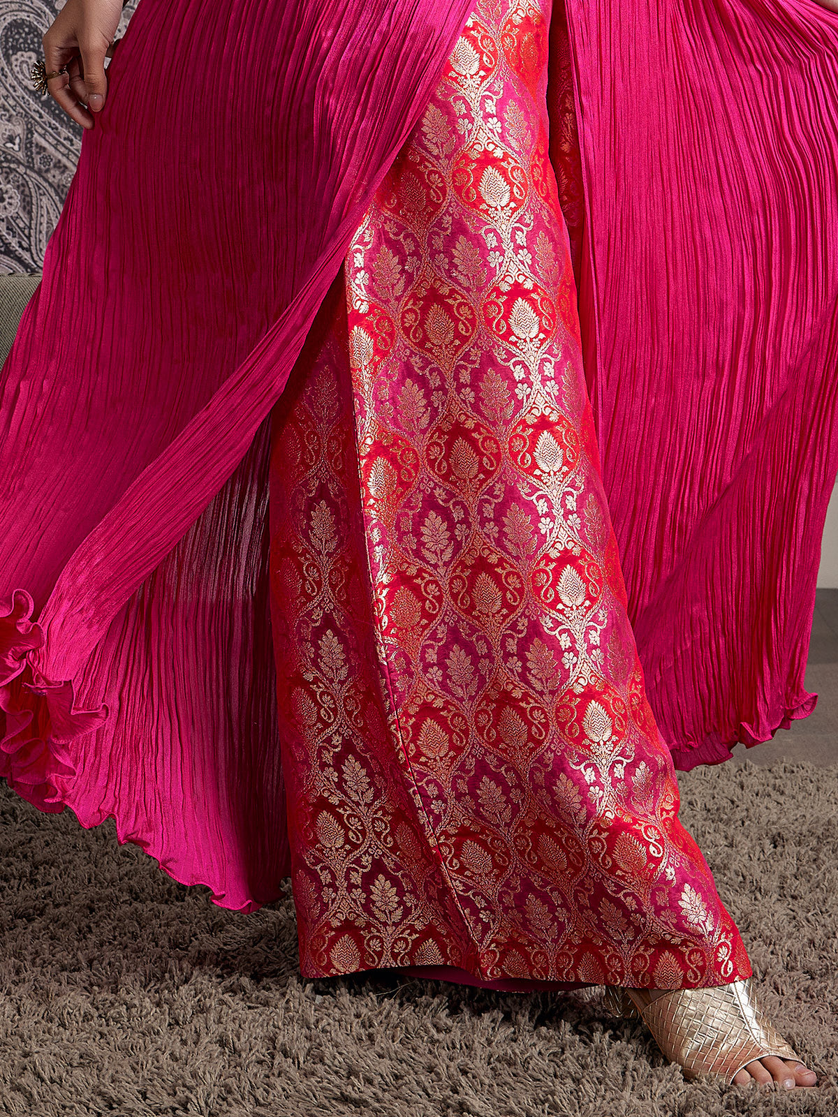 Rani pink silk embellished festive wear palazzo suit
