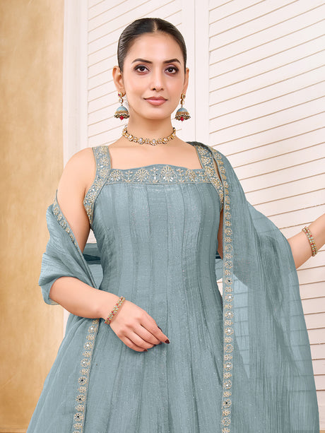 Mint blue chiffon tissue silk anarkali suit with mirror work