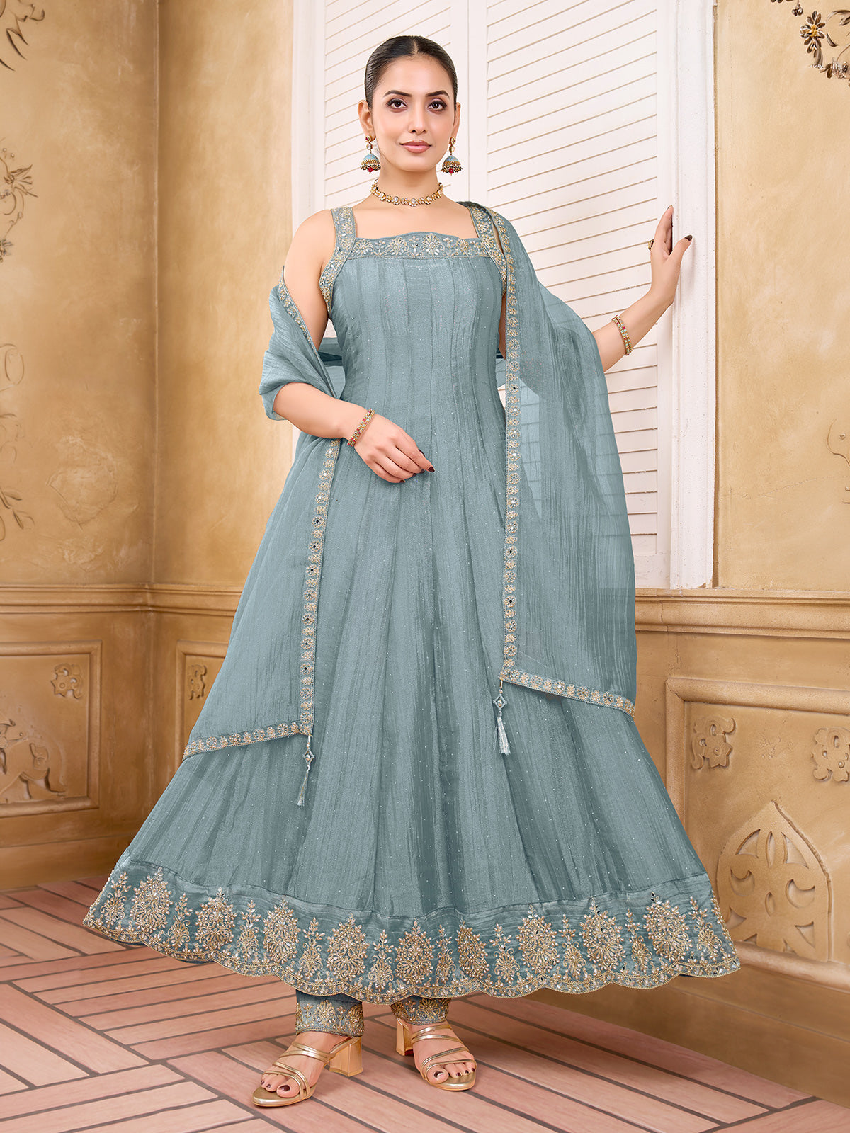 Mint blue chiffon tissue silk anarkali suit with mirror work