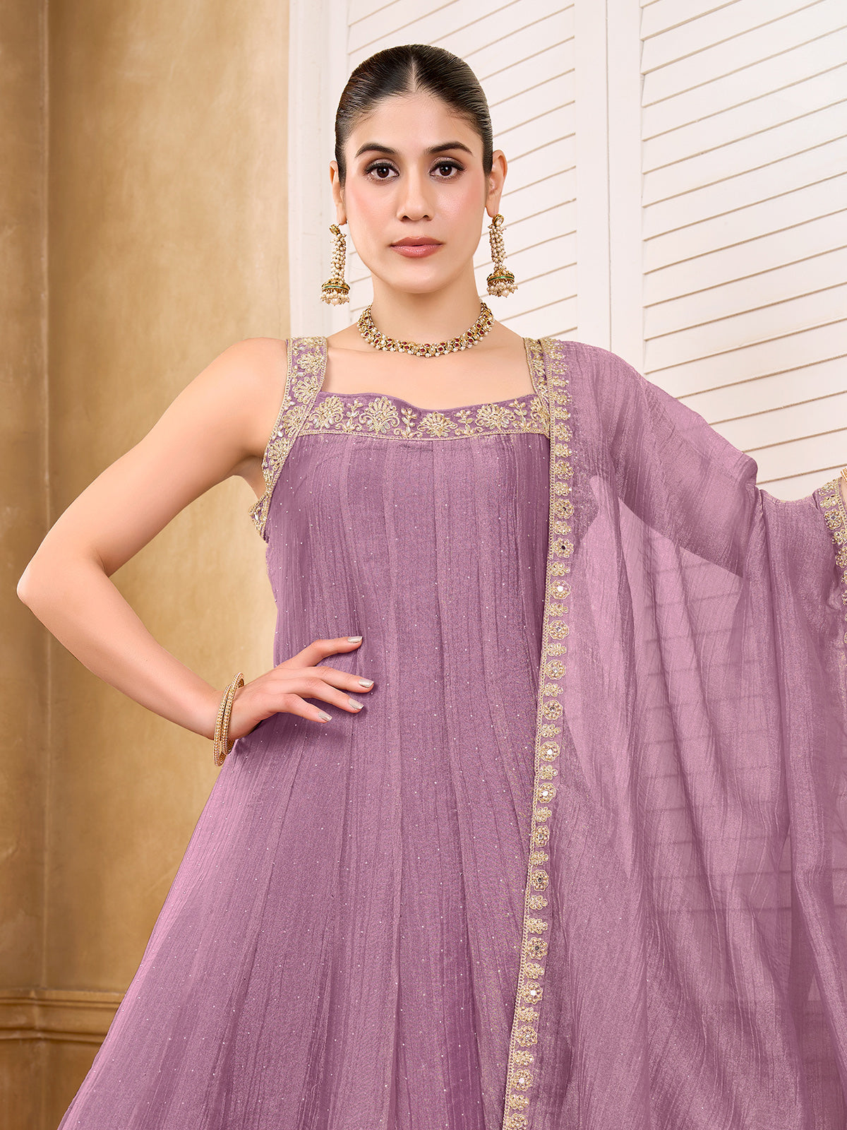 Lavender purple chiffon tissue silk anarkali suit with stone embellishments