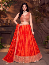 Orange silk sweetheart neck lehenga choli for wedding