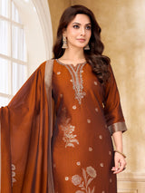 Rust brown silk straight cut salwar suit with zardosi detailing