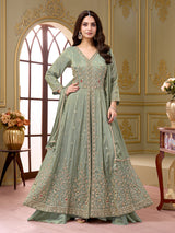 Pastel pista green silk anarkali palazzo suit with diamond embellishments