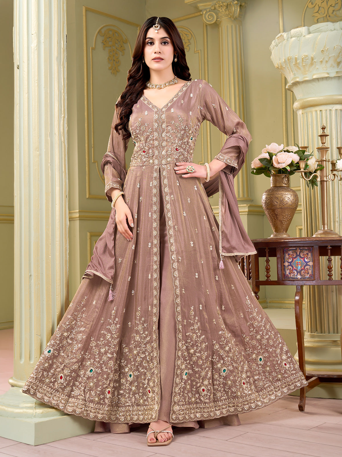 Pastel onion pink silk anarkali suit with cutdana and embroidery