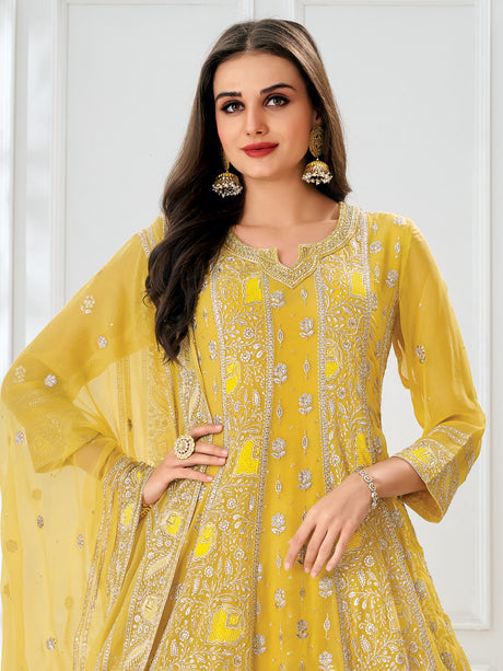 Yellow georgette festive wear anarkali suit for women