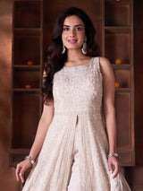 Off-white silk anarkali salwar suit with floral sequin work