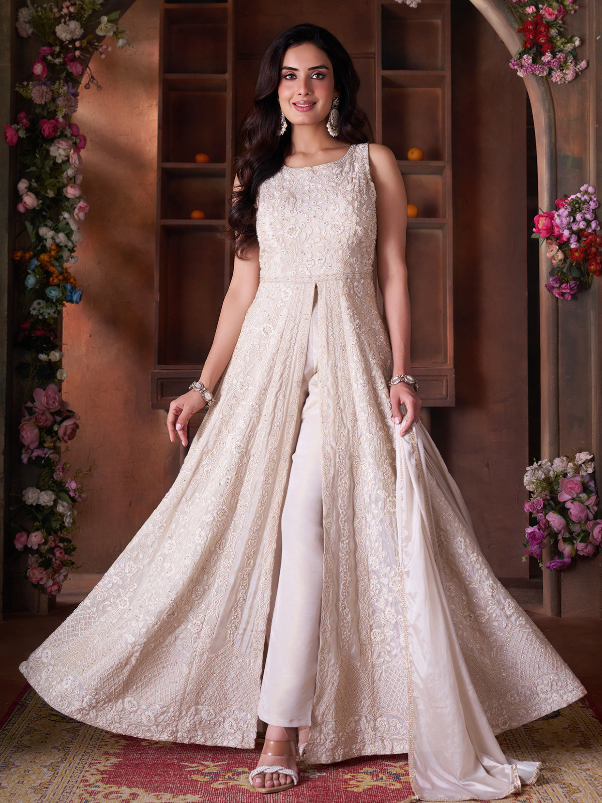 Off-white silk anarkali salwar suit with floral sequin work