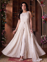 Off-white silk anarkali salwar suit with floral sequin work