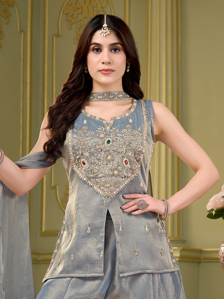 Pastel grey tissue silk pakistani suit with zardosi yoke work