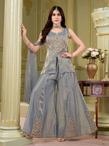 Pastel grey tissue silk pakistani suit with zardosi yoke work