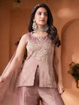 Pastel onion pink tissue silk pakistani suit with embellished yoke