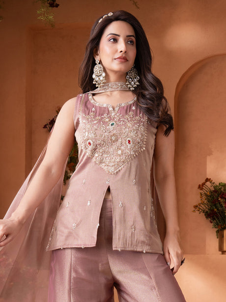 Pastel onion pink tissue silk pakistani suit with embellished yoke