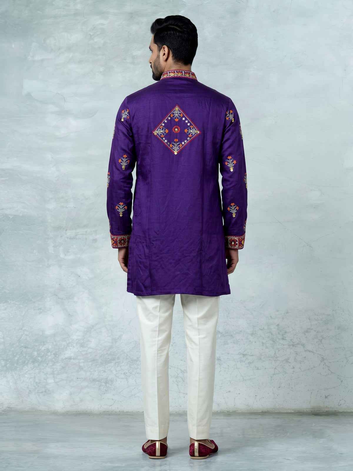 Deep purple raw silk men kurta suit
