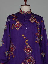 Deep purple raw silk men kurta suit