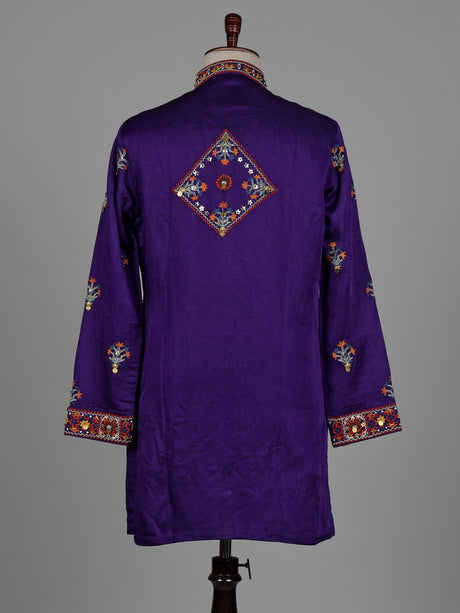 Deep purple raw silk men kurta suit