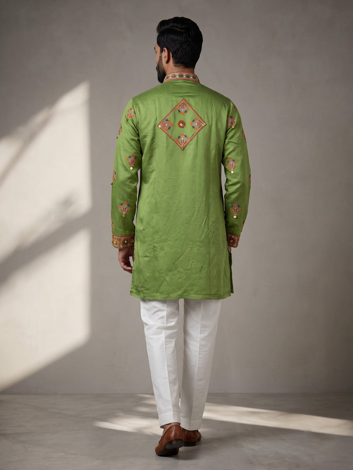 Parrot green kutchi  folk raw silk men kurta suit