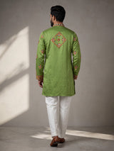 Parrot green kutchi  folk raw silk men kurta suit