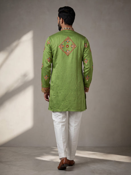 Parrot green kutchi  folk raw silk men kurta suit
