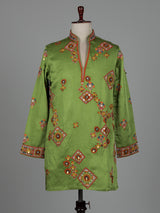 Parrot green kutchi  folk raw silk men kurta suit