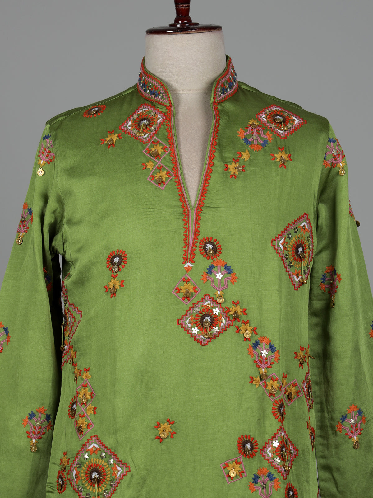 Parrot green kutchi  folk raw silk men kurta suit