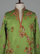 Parrot green kutchi  folk raw silk men kurta suit
