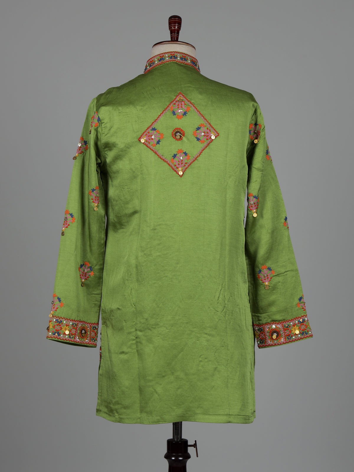 Parrot green kutchi  folk raw silk men kurta suit