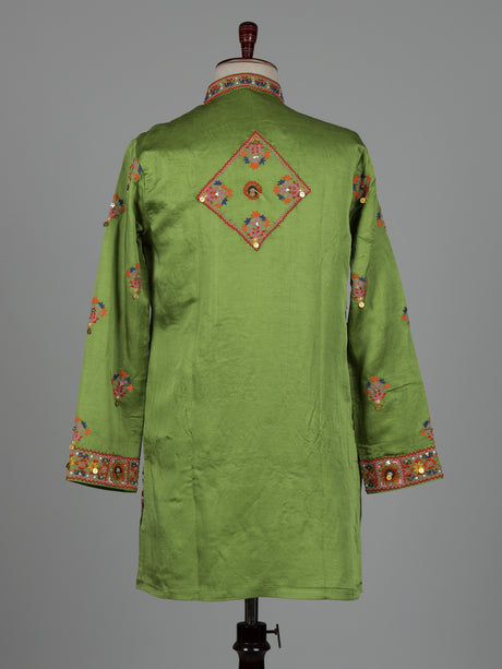 Parrot green kutchi  folk raw silk men kurta suit