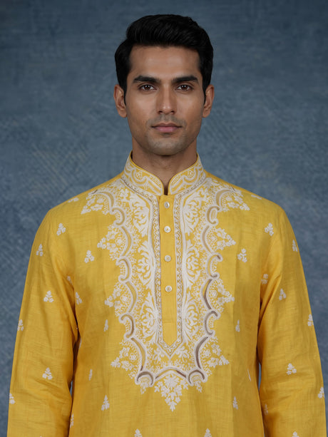 Yellow ivory botanical cotton linen men kurta suit