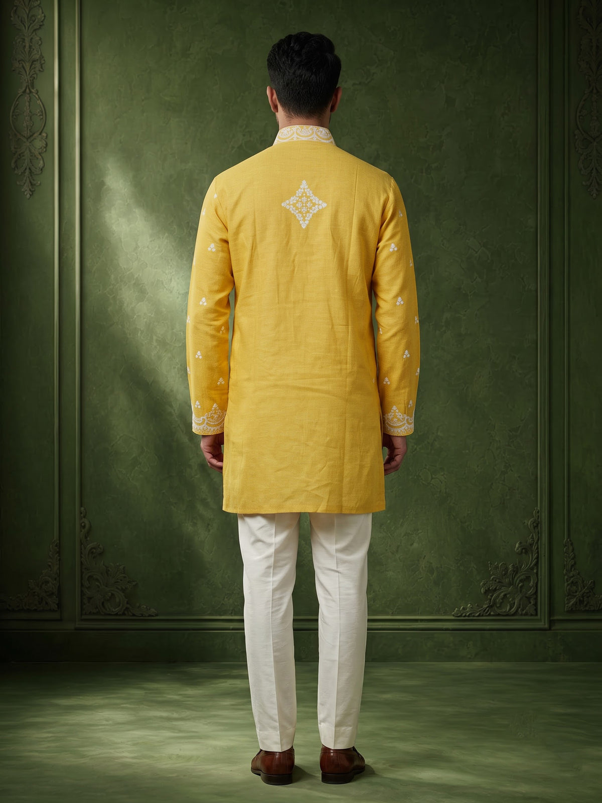 Yellow chikankari cotton linen men kurta suit