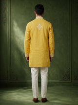 Yellow chikankari cotton linen men kurta suit