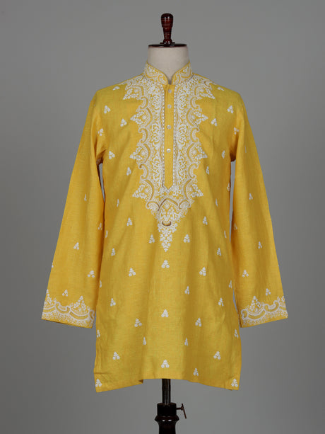 Yellow chikankari cotton linen men kurta suit