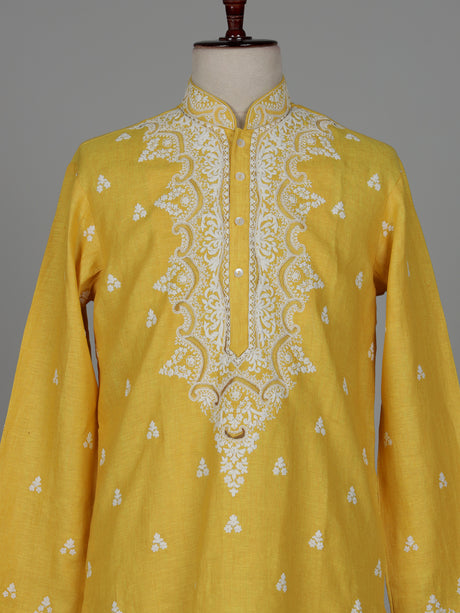 Yellow chikankari cotton linen men kurta suit