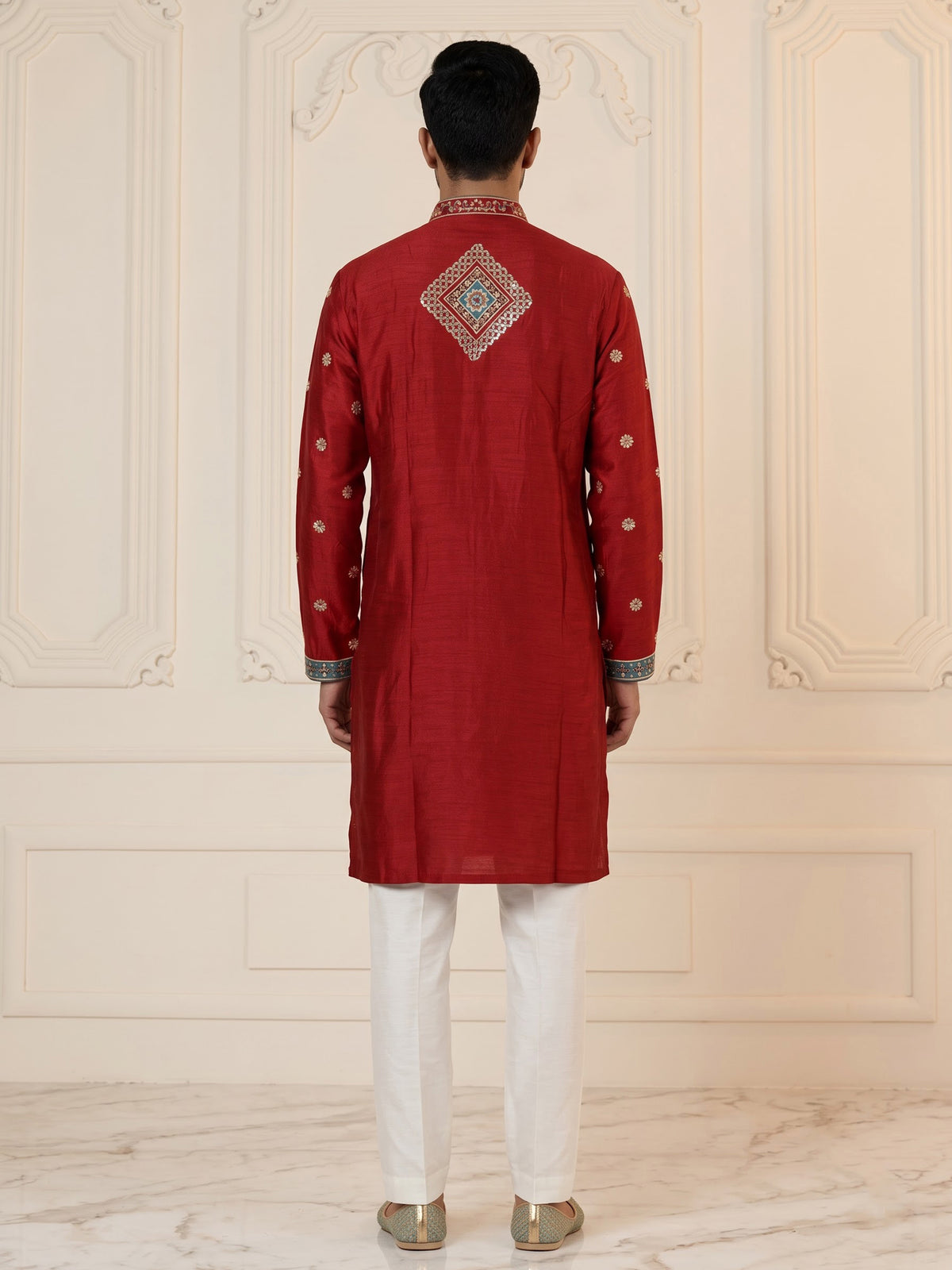 Crimson red chevron embroidered raw silk men kurta suit