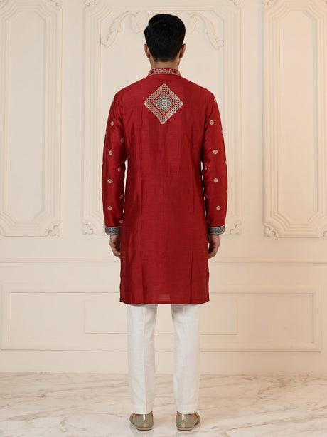 Crimson red chevron embroidered raw silk men kurta suit