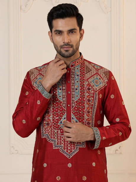 Crimson red chevron embroidered raw silk men kurta suit
