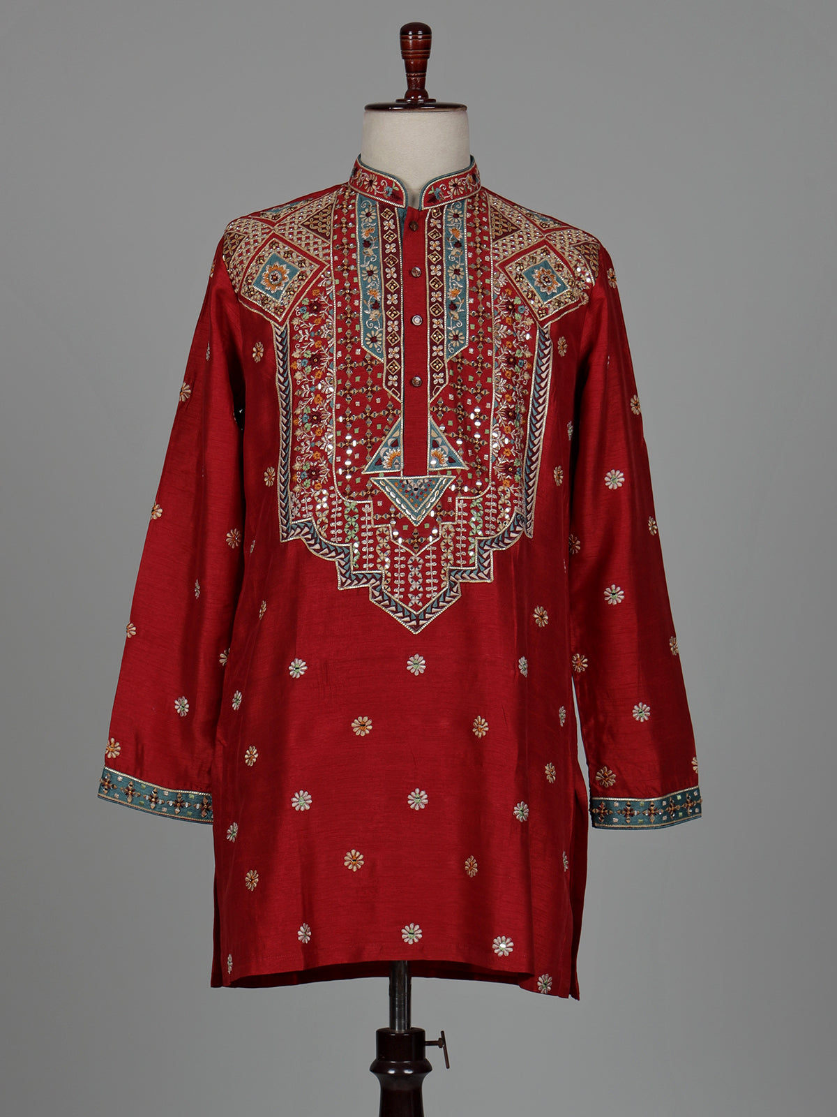 Crimson red chevron embroidered raw silk men kurta suit