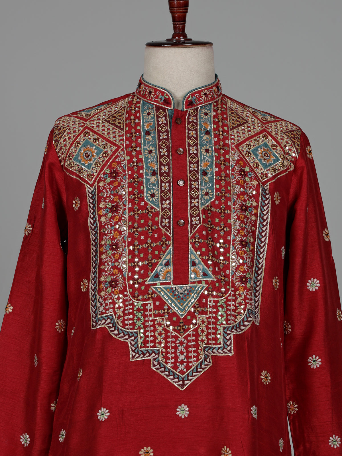 Crimson red chevron embroidered raw silk men kurta suit