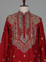 Crimson red chevron embroidered raw silk men kurta suit