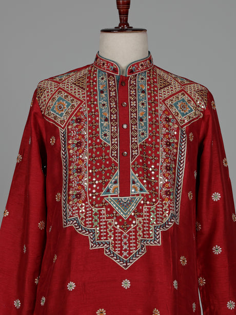 Crimson red chevron embroidered raw silk men kurta suit