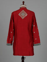 Crimson red chevron embroidered raw silk men kurta suit