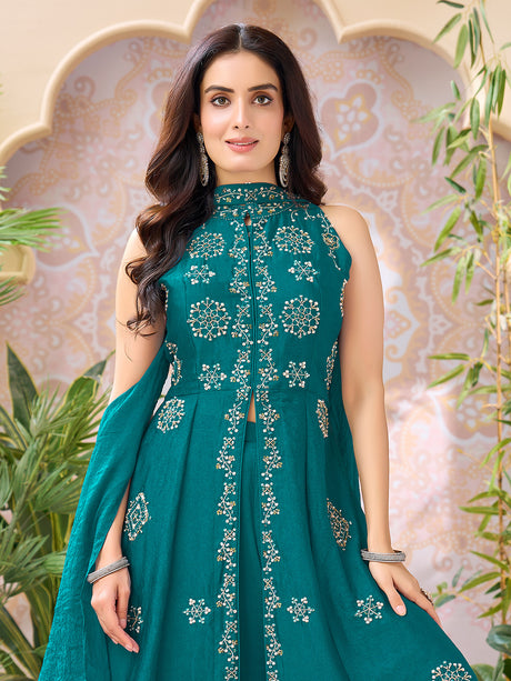 Rama green silk anarkali suit with beadwork and sequins