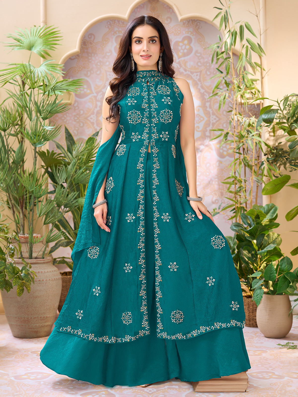Rama green silk anarkali suit with beadwork and sequins