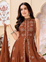 Rust brown silk anarkali suit with cutdana bead embellishments