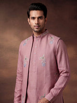 Onion pink cotton silk mens waistcoat set with floral pearl work
