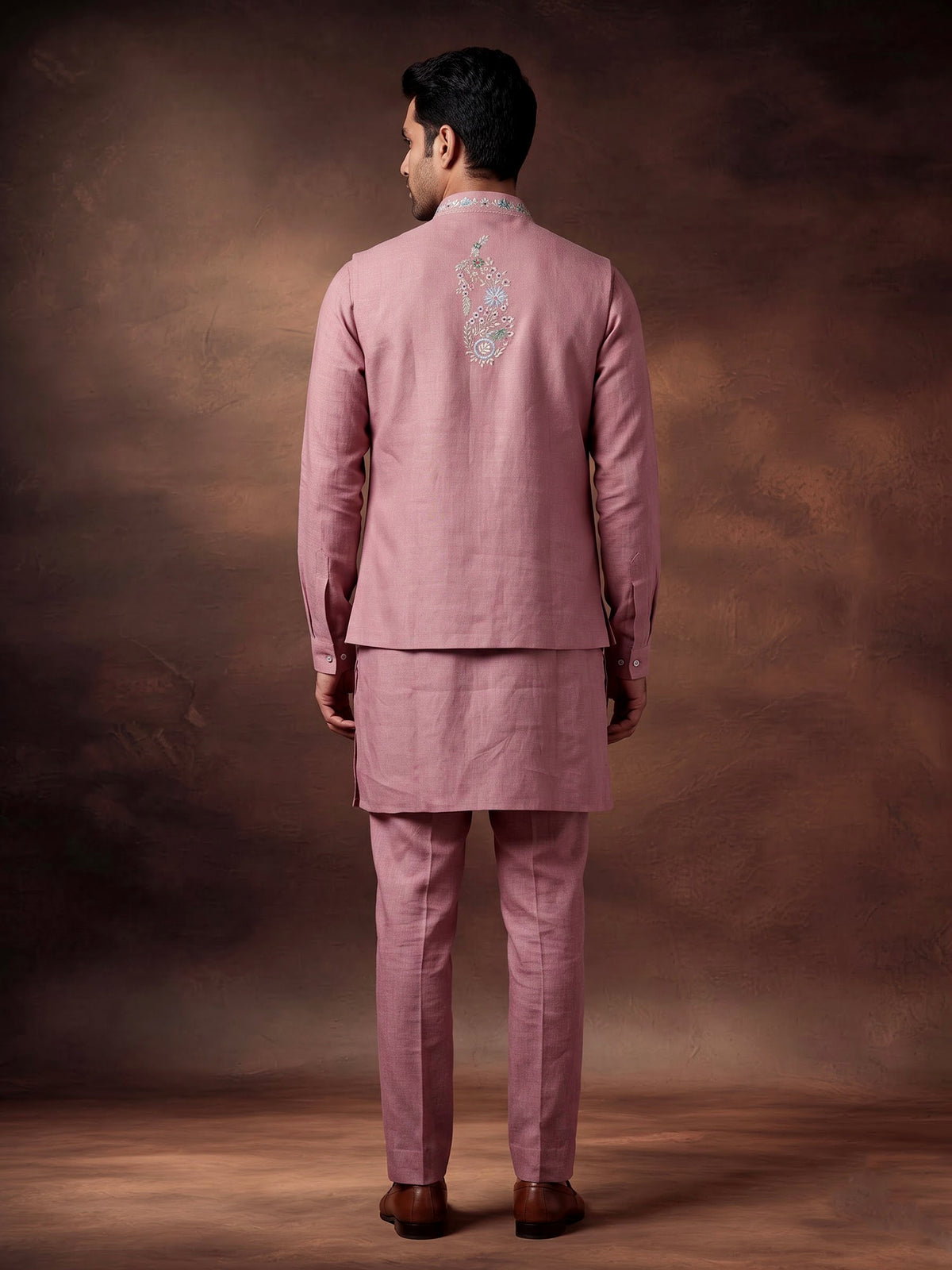 Onion pink cotton silk mens waistcoat set with floral pearl work