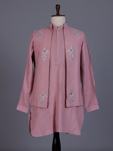 Onion pink cotton silk mens waistcoat set with floral pearl work