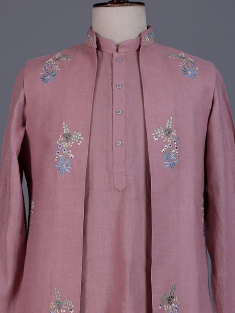 Onion pink cotton silk mens waistcoat set with floral pearl work