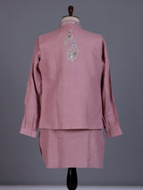 Onion pink cotton silk mens waistcoat set with floral pearl work