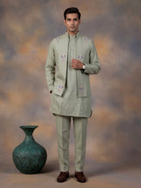 Pista green cotton silk mens waistcoat set with pearl embroidery
