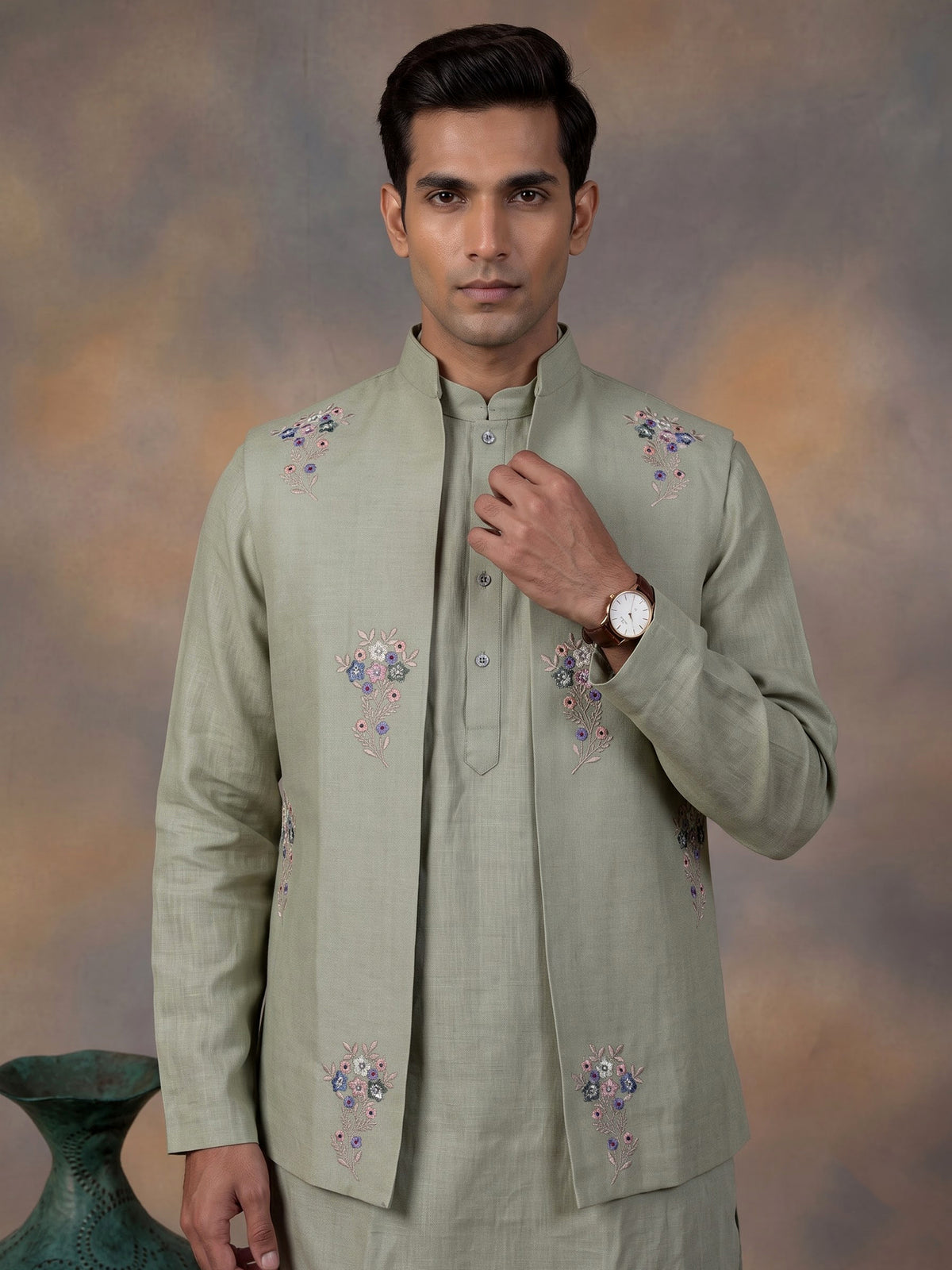 Pista green cotton silk mens waistcoat set with pearl embroidery